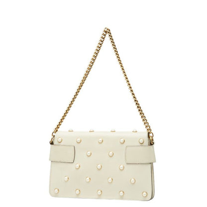 Gucci Broadway Pearl And Bee Chain Shoulder Bag 2WAY 453778 White Gold Leather