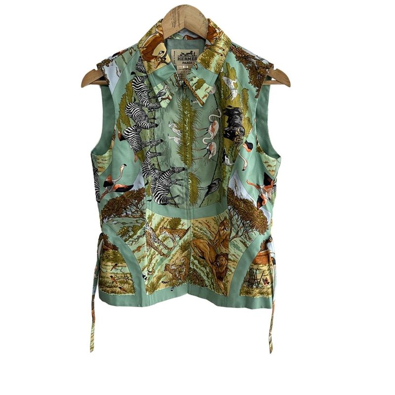 Hermes Vest Size 40 M Women - Blue Green And Multi Silk/animal Print/zip Up