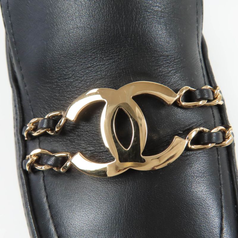 CHANEL G31974 Leather Loafer With Coco Mark Chain Black Gold Hardware 36.5 Made