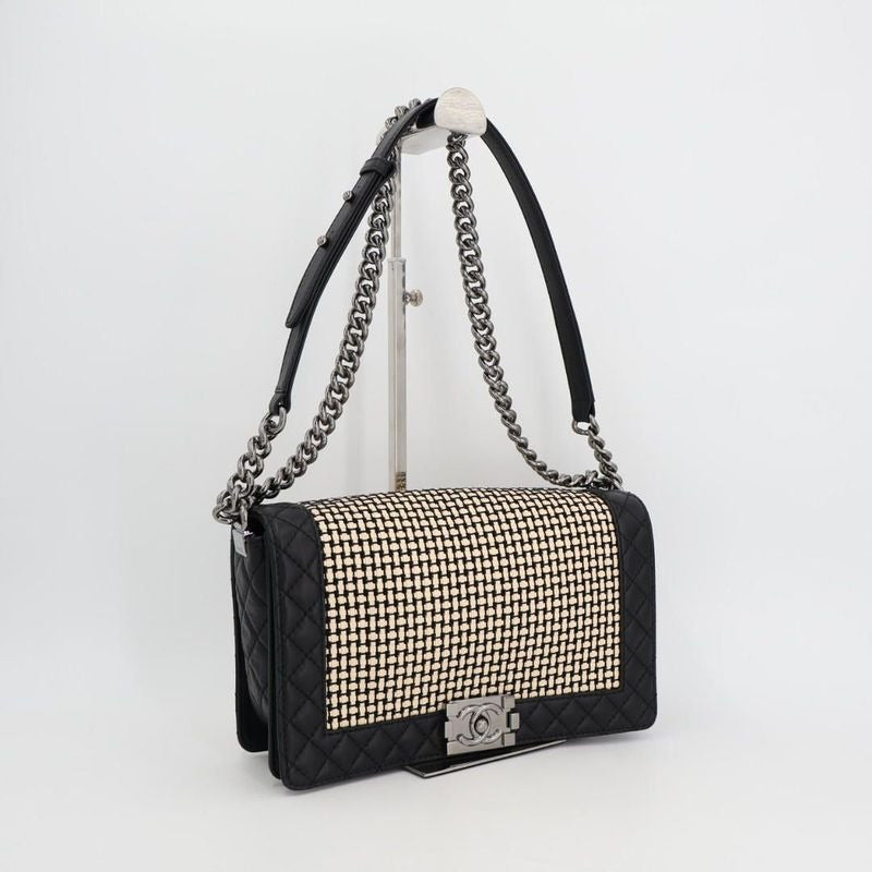 Chanel Boy Quilted Chain Shoulder Bag Leather Lambskin Light Beige