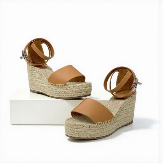 Hermes Tipo Sandals Shoes Leather Brown Silver Kelly Hardware Wedge Sole
