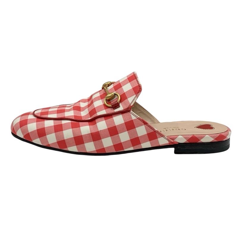 Gucci Prince Town Flat Shoes Fabric Red White Gold Mule Slipper Sandals Check