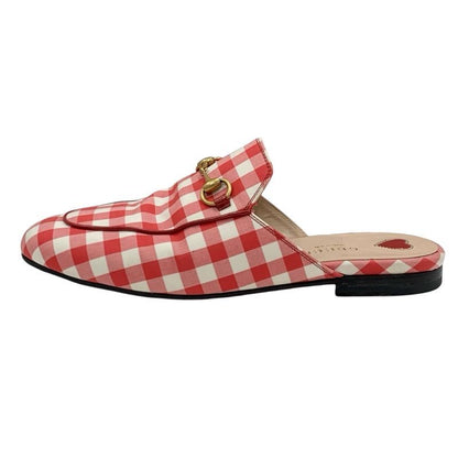 Gucci Prince Town Flat Shoes Fabric Red White Gold Mule Slipper Sandals Check