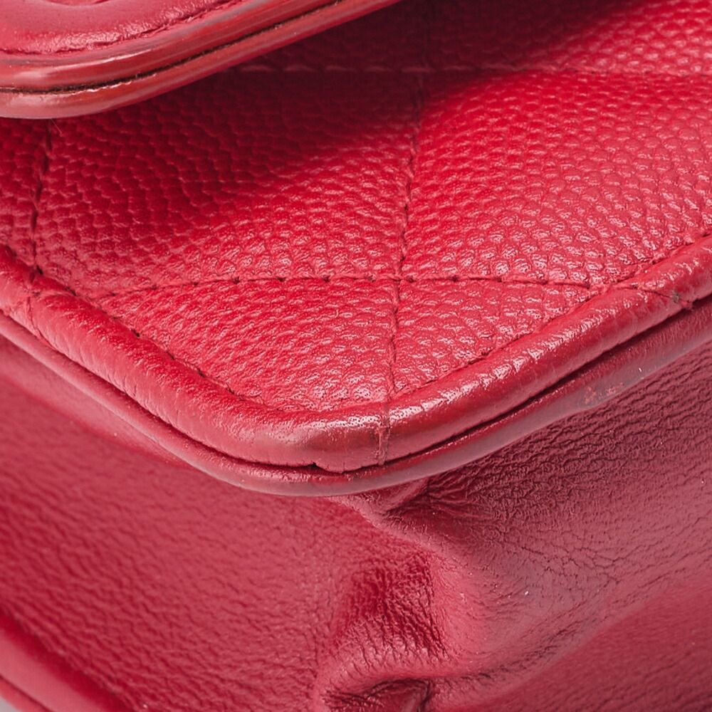 Chanel Shoulder Bag Chain Wallet Matelasse Caviar Skin CC Filigree Red Gold