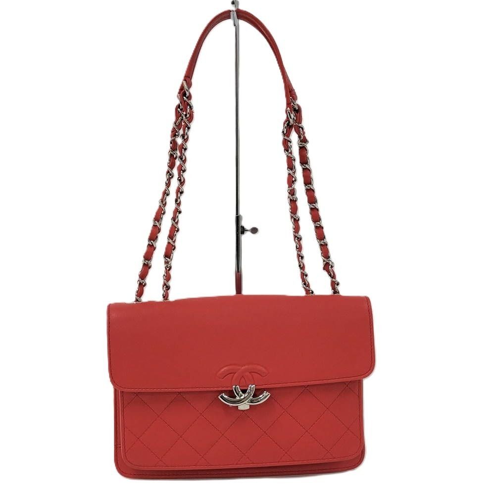 Chanel Chain Shoulder Bag CC Logo Quilted Leather Red