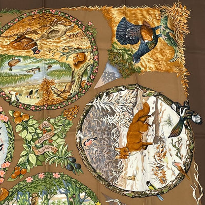Hermes Carre 90 LES Quatre Saisons Four Seasons Brown Animal Floral Scarf Silk