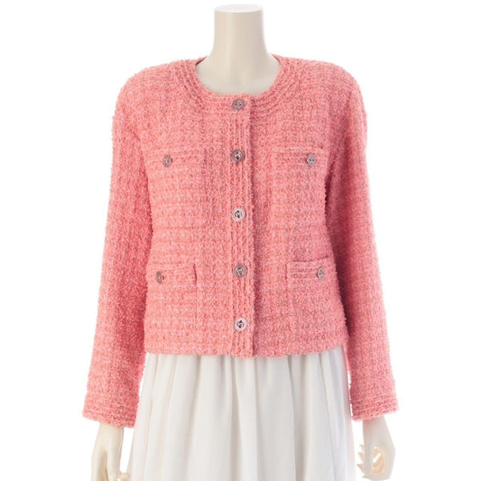 Chanel Cotton CC Logo Tweed Collarless Jacket Pink 36