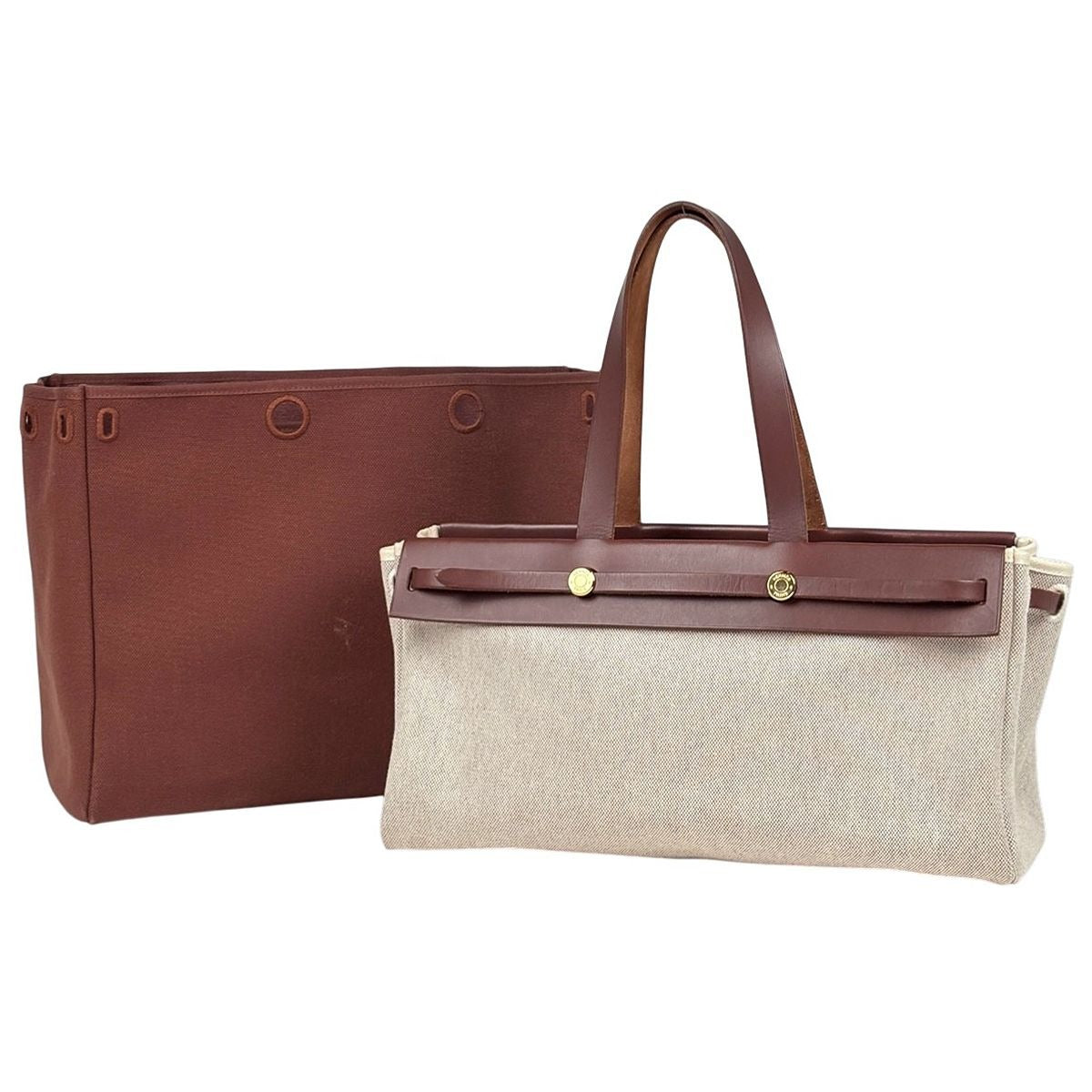 Hermes Herbag Cabas MM Shoulder Bag Tote Toile Ash Natural Brown