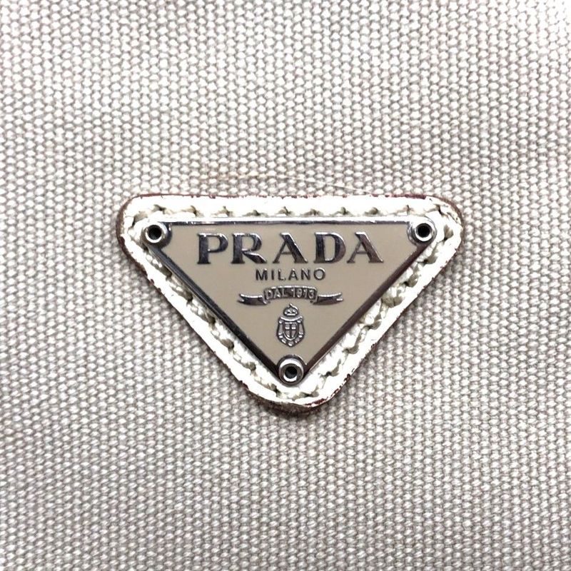 Prada Canvas Tote Bag Handbag Triangle Logo Leather Ivory Beige White Ladies
