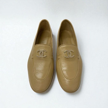 Chanel Loafer Leather Shoes Leather Beige Unused Here Mark Pearl