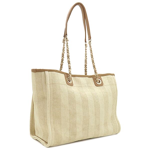 Chanel Deauville Tote MM Fabric Leather Besh Gold Hardware Shoulder Bag Chain