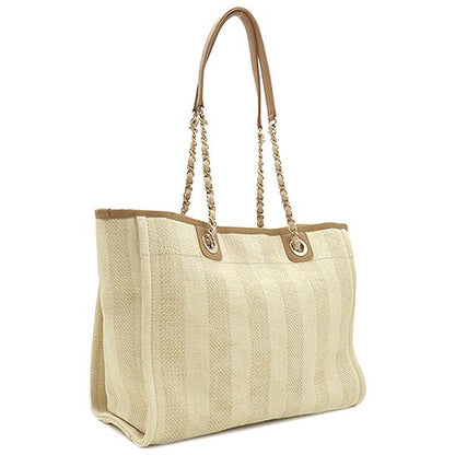 Chanel Deauville Tote MM Fabric Leather Besh Gold Hardware Shoulder Bag Chain