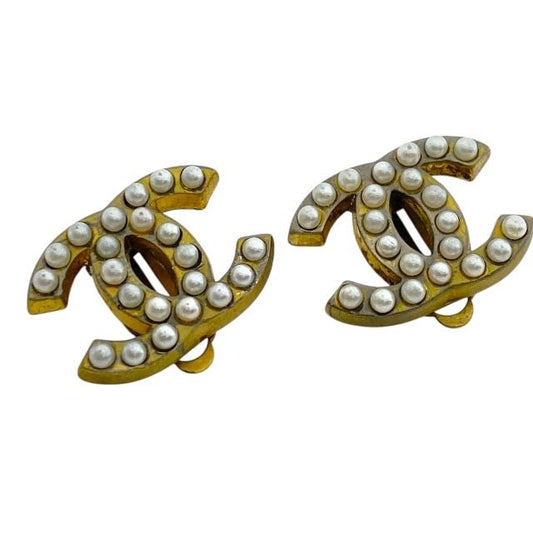 Chanel Earrings 01 A Coco Mark Faux Pearl Gold GP Accessories Jewelry