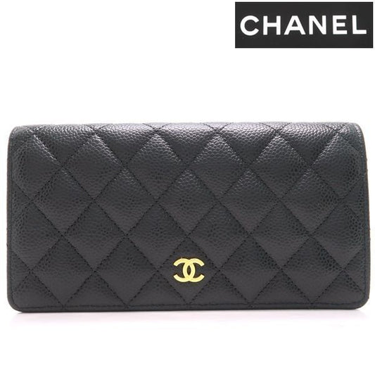 Chanel Bifold Long Wallet Caviar Leather Black Gold Hardware