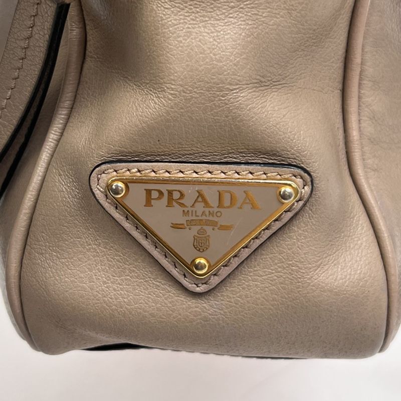 Prada Shoulder Bag Logo Shape Stamped Beige Leather 25ka868