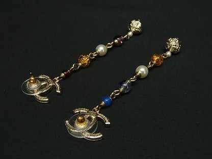 Chanel Coco Mark A20C Rhinestone Pearl Earrings Accessory Gold Tone