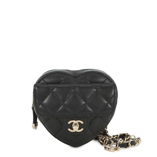 Chanel Chain Waist Bag Quilted Heart CC Logo Lambskin Black
