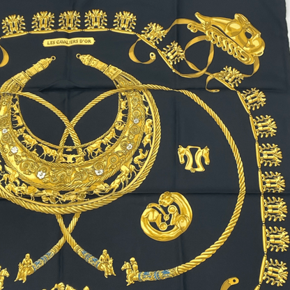 Hermes Carre 90 LES Cavaliers D'OR Golden Knight Scarf Silk Gold And Black