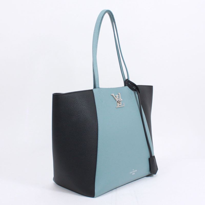 Louis Vuitton Lock Me Cabas Leather Black And Blue Tote Bag Silver M41447