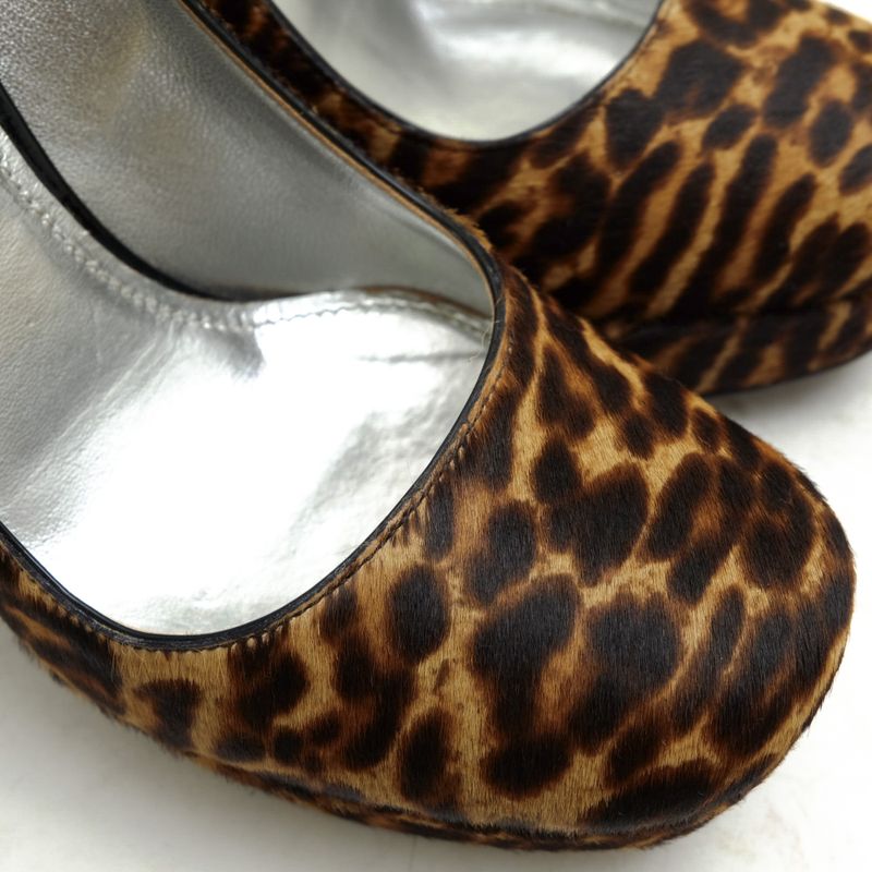 Prada Pumps Shoes Women Leather Dark Brown 8751 Leopard Chunky Heel High Heel