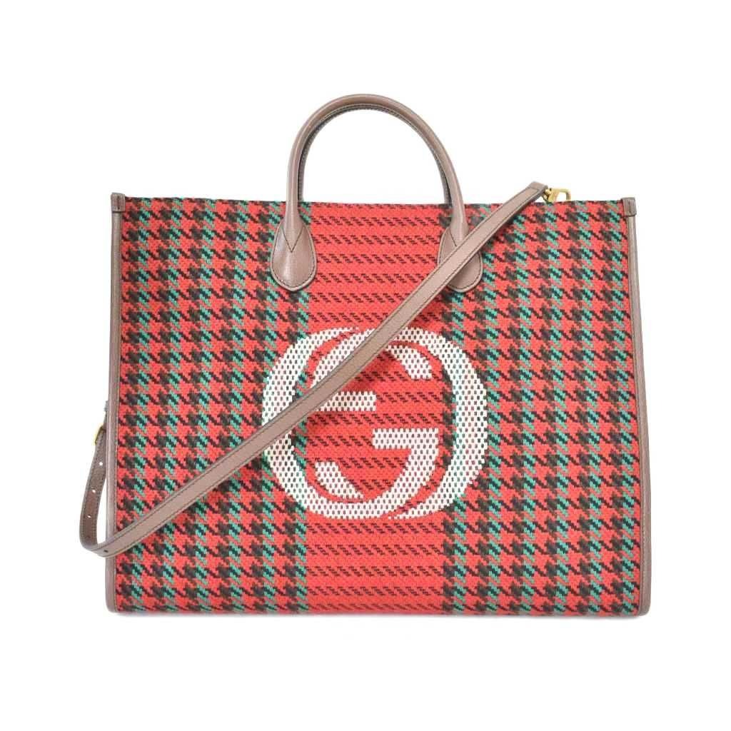 Gucci Interlocking Houndstooth Tweed Tote Shoulder Bag Red