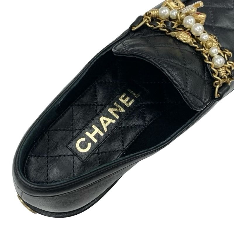 Chanel Loafer Leather Shoes Leather Black Gold Here Mark Chain Matelasse Pearl