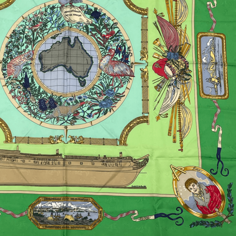 Hermes Carre 90 LE Geographe Geographer Green And Multicolor 100% Silk