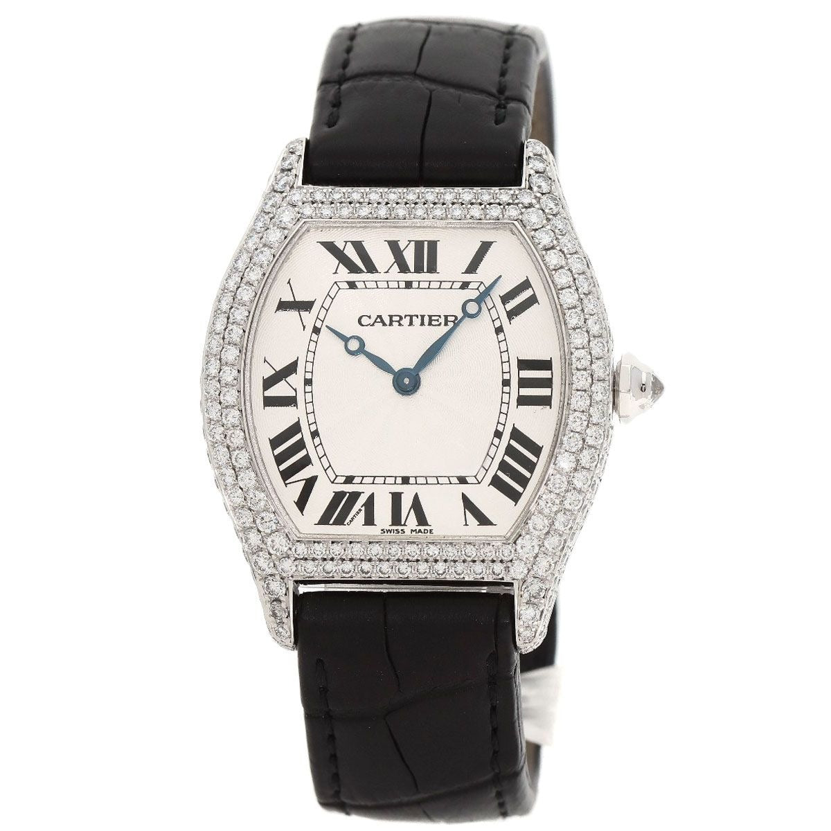 Cartier Tortu LM Case Bezel Diamond Watch 18K White Gold Leather