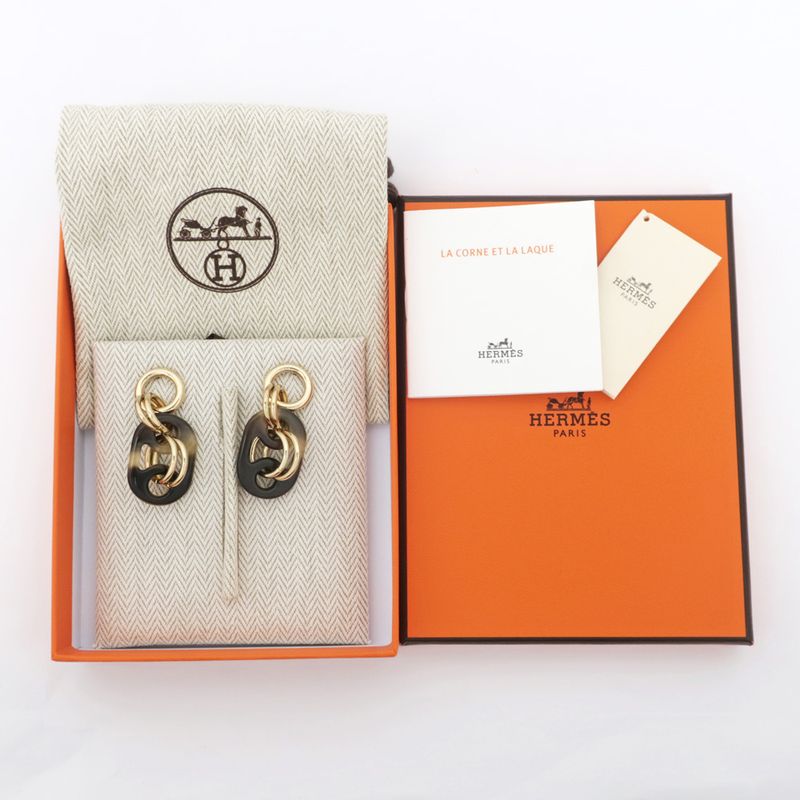 Hermes Yulidice PM Earrings Buffalo Horn Pair Brown Gold Hardware