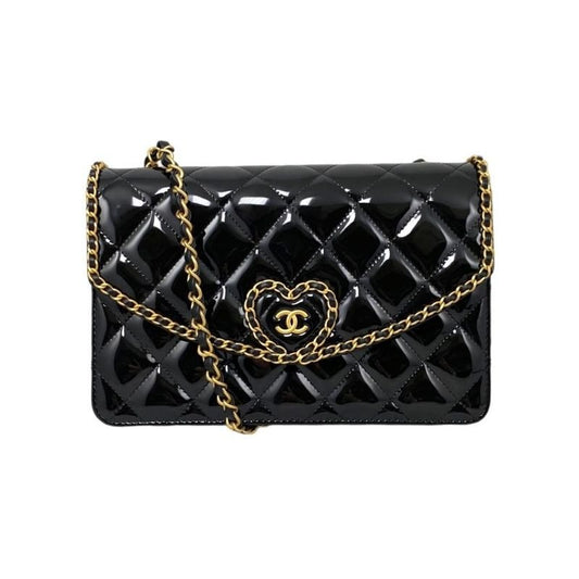 Chanel Shoulder Bag Heart Chain Ap4900 Quilted Patent Enamel Black