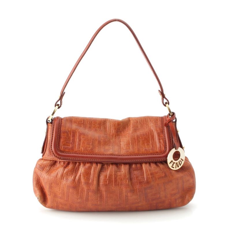 Fendi Leather Zucca Pattern Flap One Shoulder Bag With Charm Brown