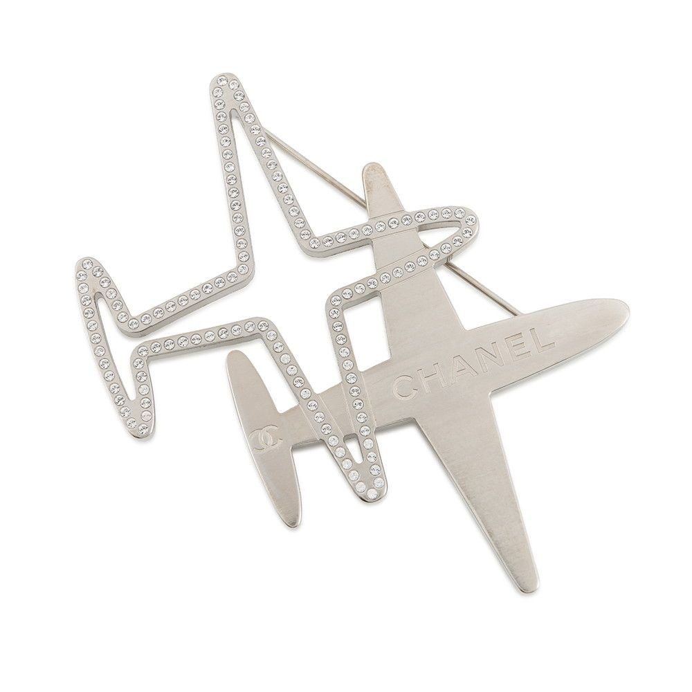 Chanel Brooch CC Logo Airplane Motif Line Stone
