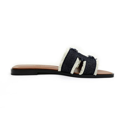 Hermes Oran Fringe BL Denim Navy-brown Size 36 Sandals Shoes Ladies