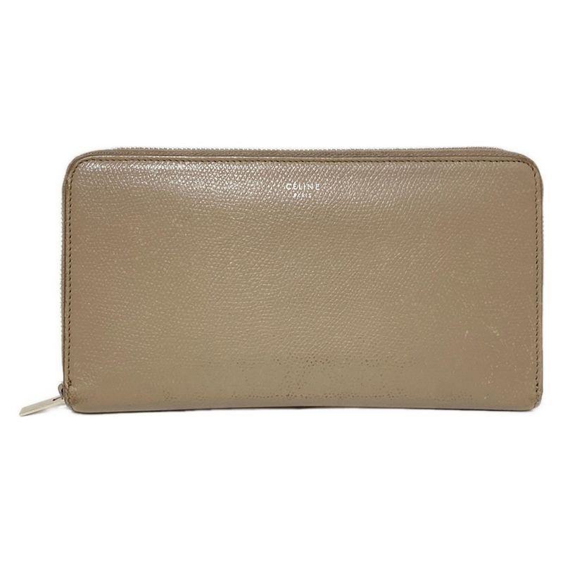 Celine Long Wallet - Gray Beige Round Zipper Leather