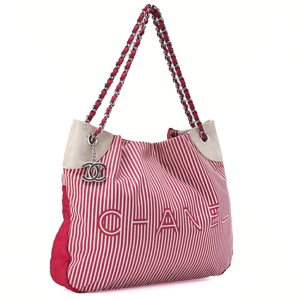 Chanel Chain Shoulder Bag With Coco Charm Striped Canvas Bicolor Silver