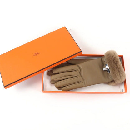 Hermes Princess Agneau Milo Lambskin Mink Etoupe Silver Kelly Gloves with — view 2