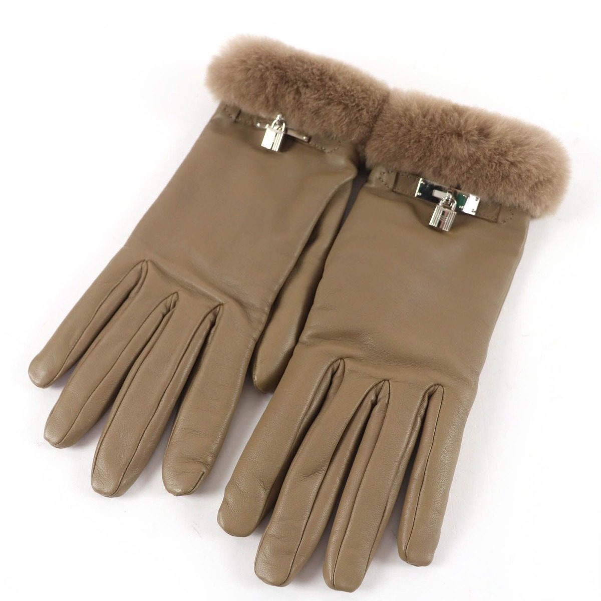 Hermes Princess Agneau Milo Lambskin Mink Etoupe Silver Kelly Gloves with — view 5
