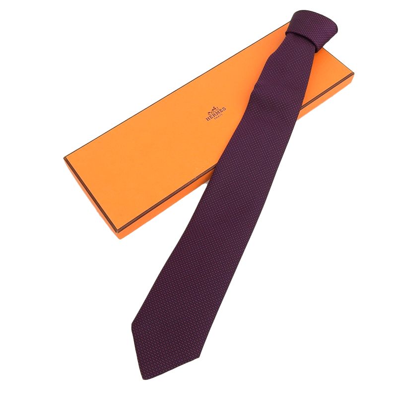 Hermes 659098t 100% Silk H Pattern All Over Tie Navy Red With Box Made In