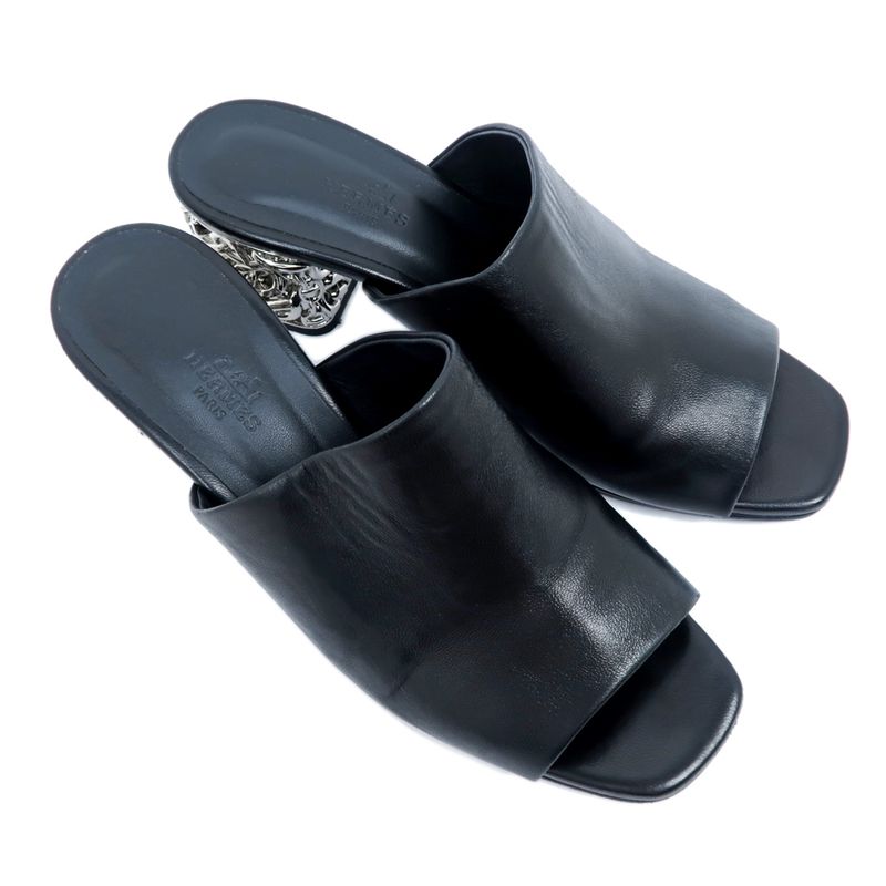 Hermes Sandals Glossy - 60 BK Black Silver - Size 38 Chaine D'ancre