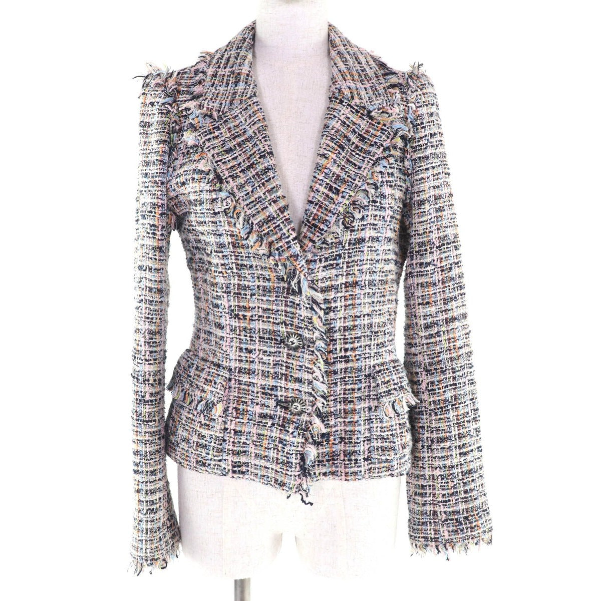 Chanel Vintage Ribbon Tweed Jacket with Coco Button Multi 38