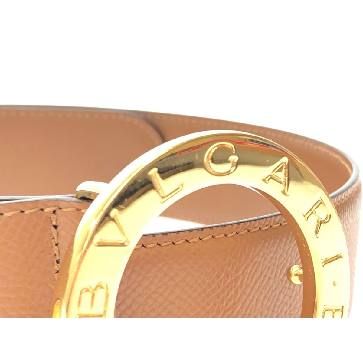Bvlgari Men's Round Logo Buckle Belt Leather Camel 80-90cm (35.43in) Light