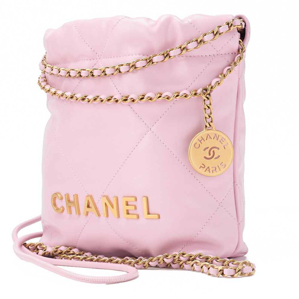Chanel 22 Mini Calfskin Pink Drawstring Chain Shoulder Bag With Gold Hardware