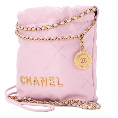 Chanel 22 Mini Calfskin Pink Drawstring Chain Shoulder Bag With Gold Hardware