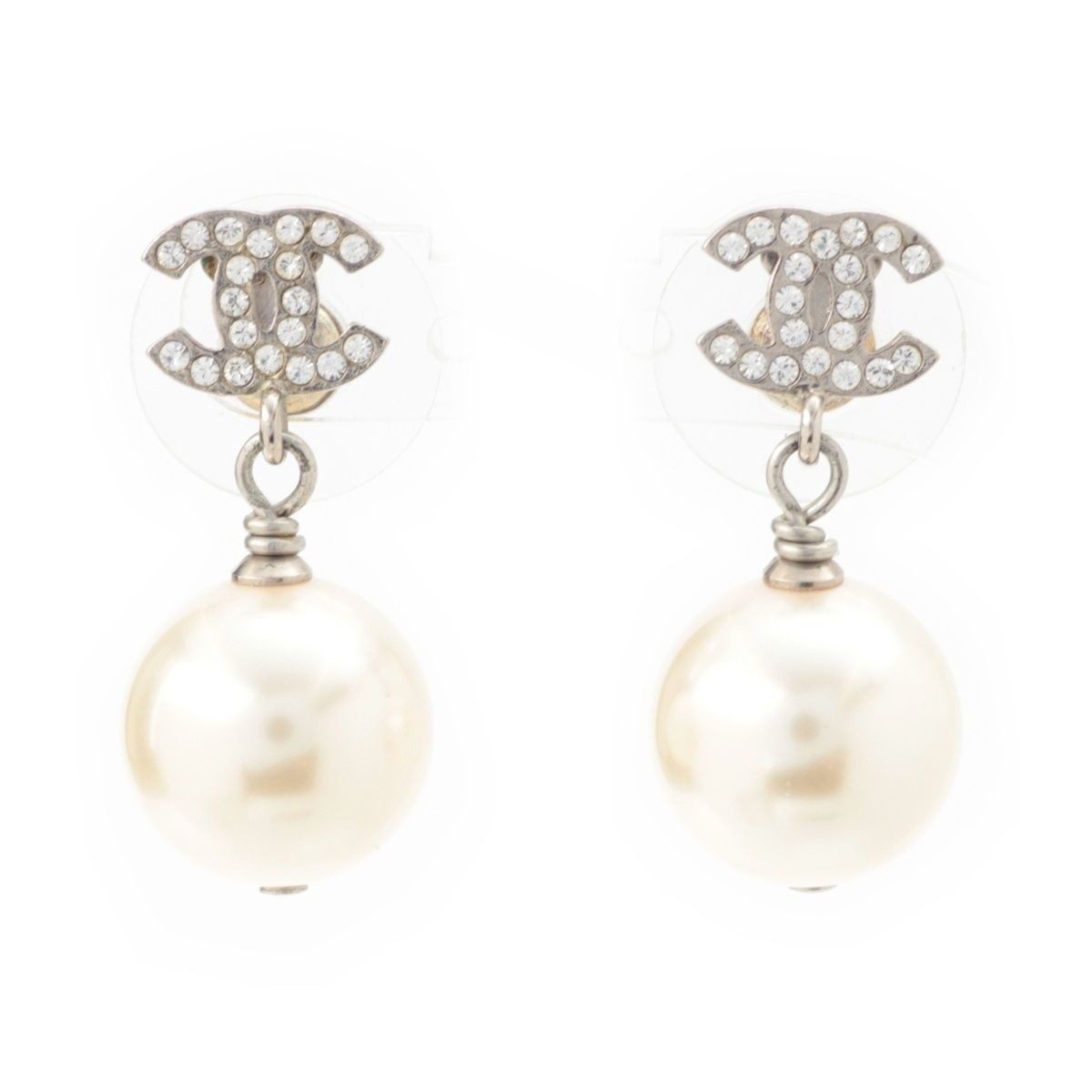Chanel CC Logo Line Stone Pearl Earrings Silver