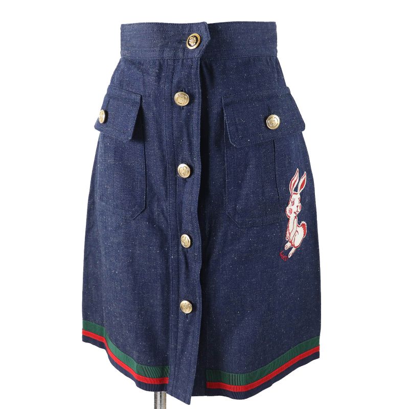 Gucci 521009) 100% Cotton Webline GG Logo Button Rabbit Embroidered Denim