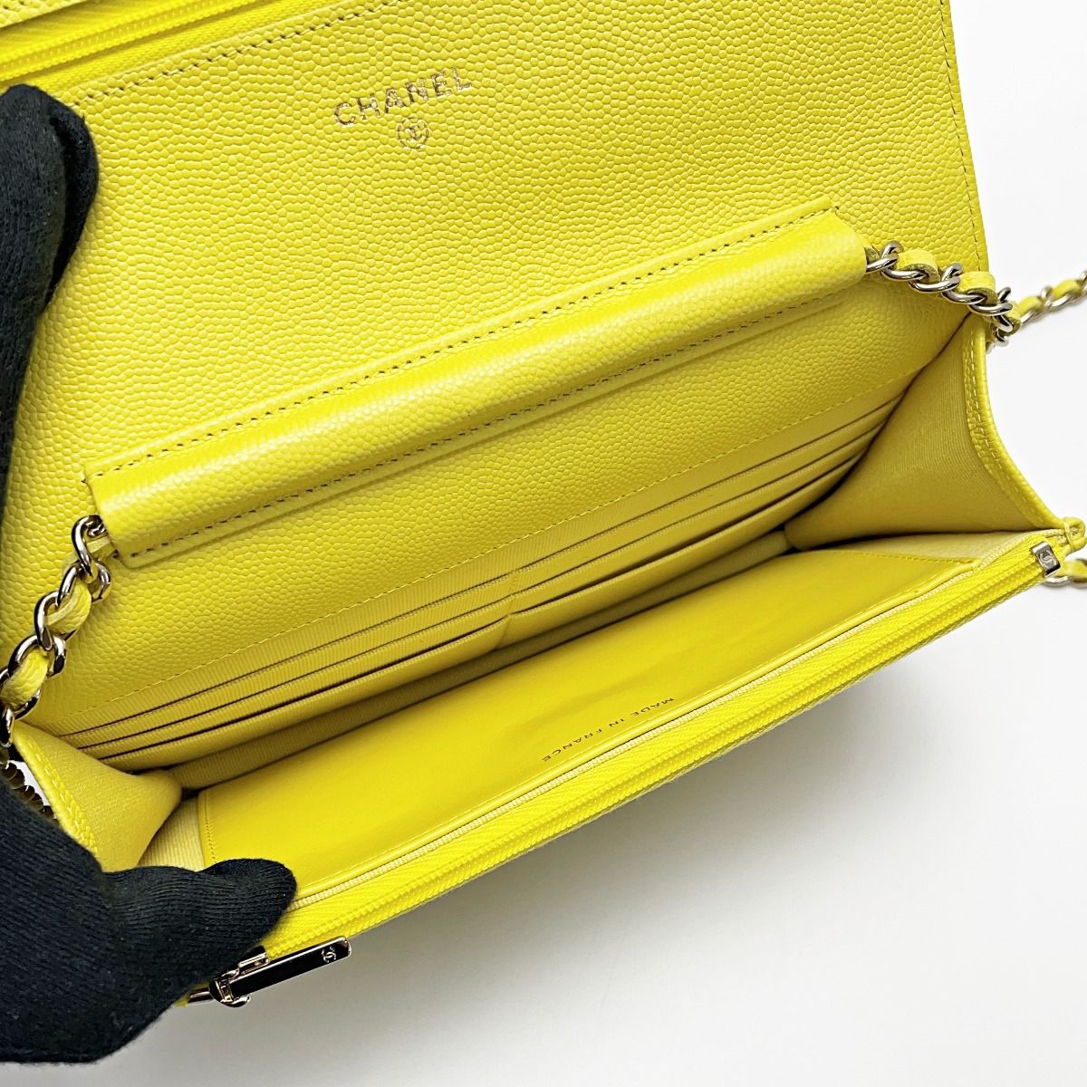 Chanel Matelasse Ap0250 Yellow Chain Wallet Shoulder Bag Caviar Skin Ladies