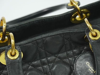 Authentic Christian DIOR Lady Dior Cannage Handbag Leather Black Lady Dior Bag