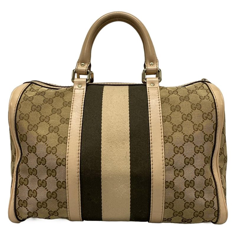 Gucci Handbag GG Pattern 247205 Dark Brown And Beige Mini Boston Leather