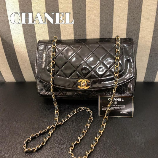 Chanel Diana Matelasse Enamel Shoulder Bag Black
