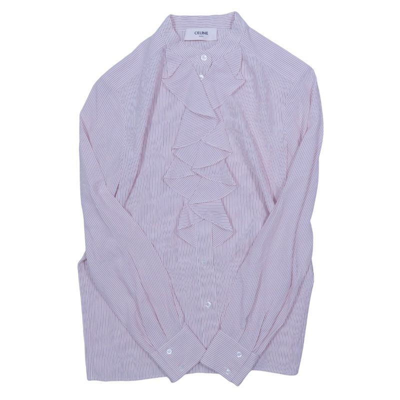 21ss Celine Eddie Period Striped Silk Shirt Long Sleeve Ruffle Blouse Top Edith